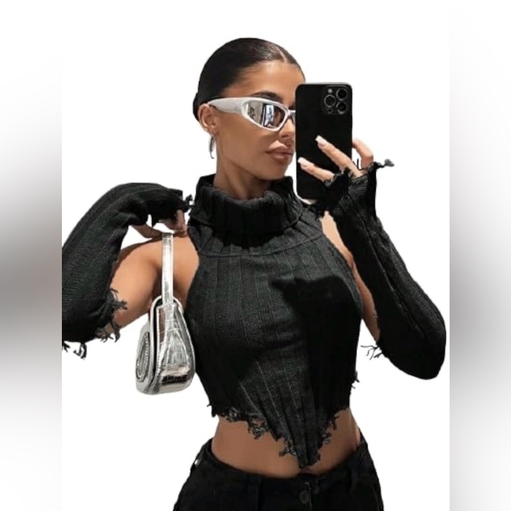 Black Ribbed Sleeveless Turtleneck Top